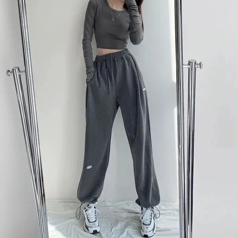 Women High Waist Loose Letter Jogger Pants New Solid Colors Casual Sport Pants Summer Simple Fashion Drawstring Pocket Trousers