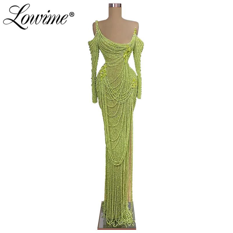 Lowime verde beading tassel festa vestido ilusão longo vestidos de noite 2022 couture sereia sexy vestidos de baile