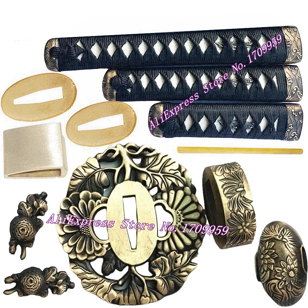 

3PC*Japanese Katana/Wakizashi/Tanto Set Tsuka Sword Fittings Brass Chrysanthemum Tsuba +Menuki+Fuchi+Kashira+Handle+Habaki+Seppa