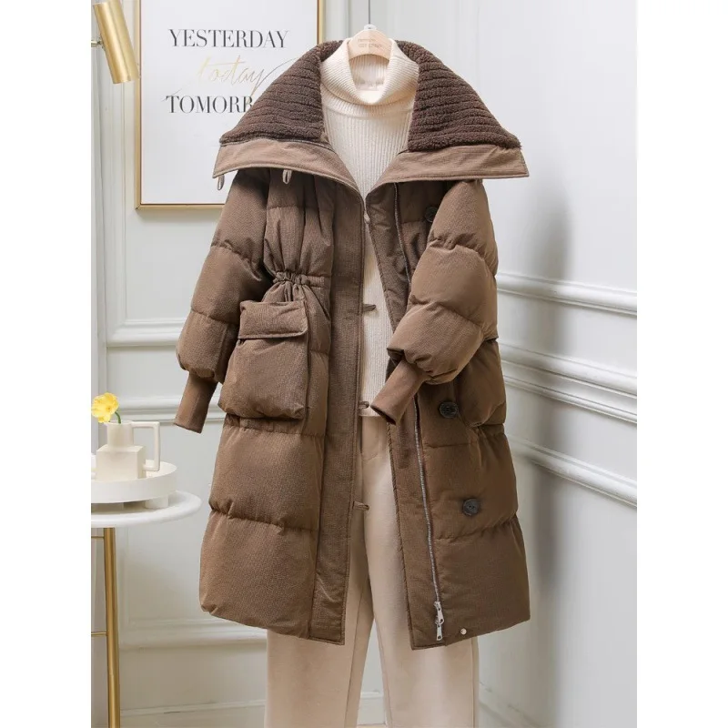 Winter Long Down Cotton Jacket Women Thickened Warm Casual Coats Bomjamba Parkas Quilted Elegant Jacket Fashion Lapel Clothes