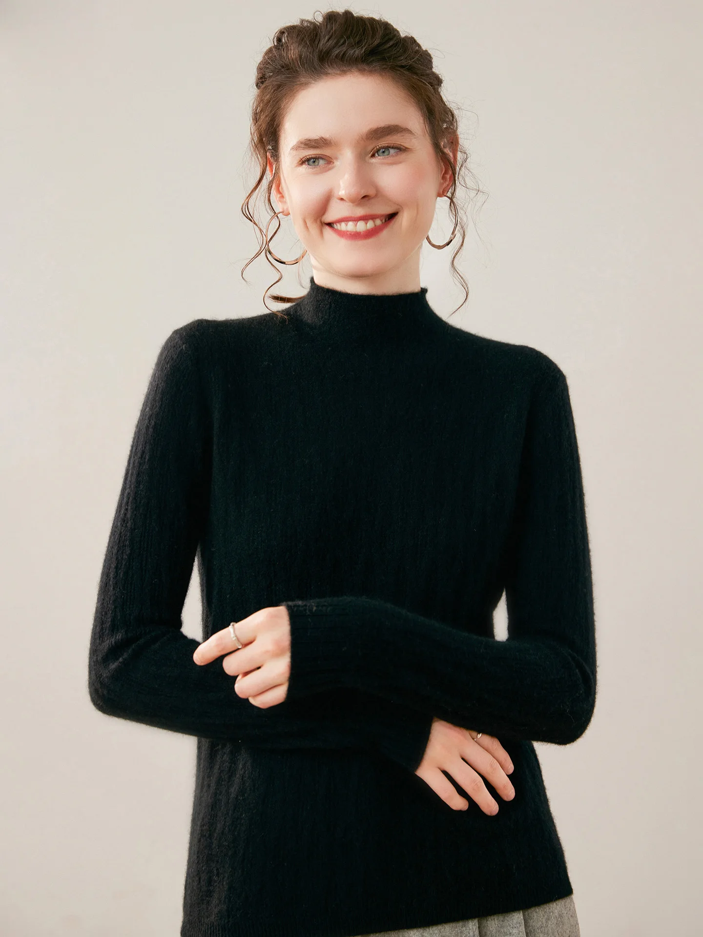 

Elegant Women 100% Cashmere Sweater Autumn Winter Mid-High Color Knit Pullover New Woman Soft Warm Base Shirt Korean Style Tops