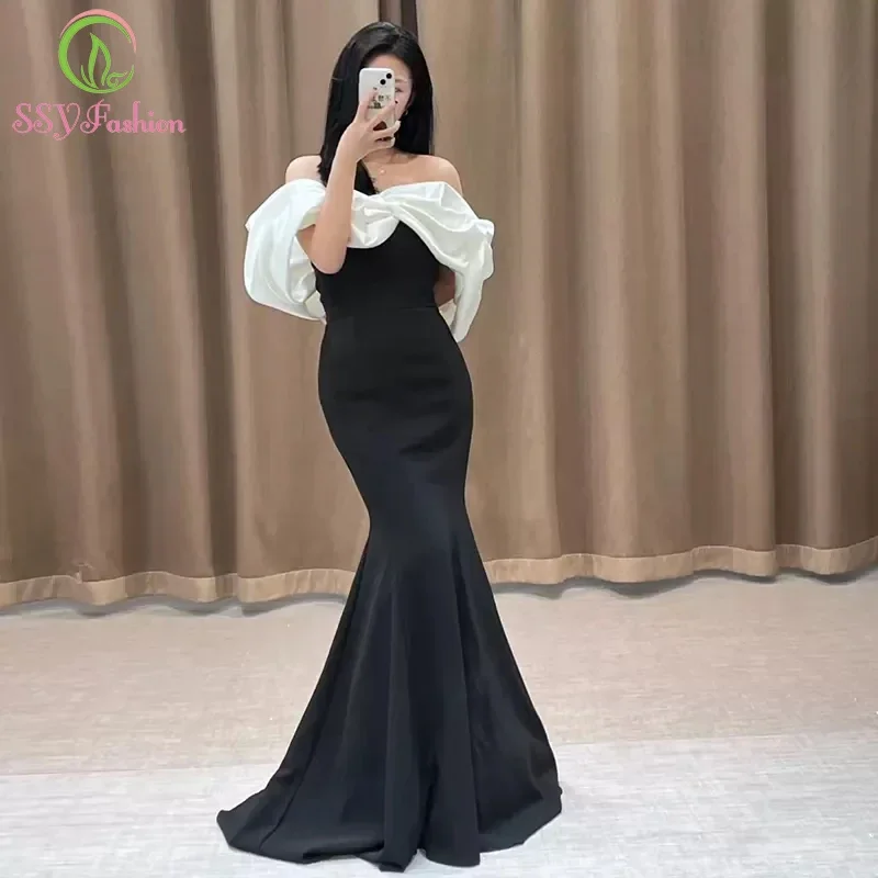 Customized  Classic Velour Mermaid Evening Dress Black White Contrast Colors Simple Elegant Prom Party Gowns Vestido De Festa