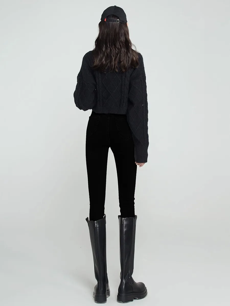 하이웨이스트 슬림핏 블랙 데님 청바지 여성용 가을 겨울 아우터웨어 신상 2024 펜슬 팬츠 트렌디 코튼 스트레치 원단