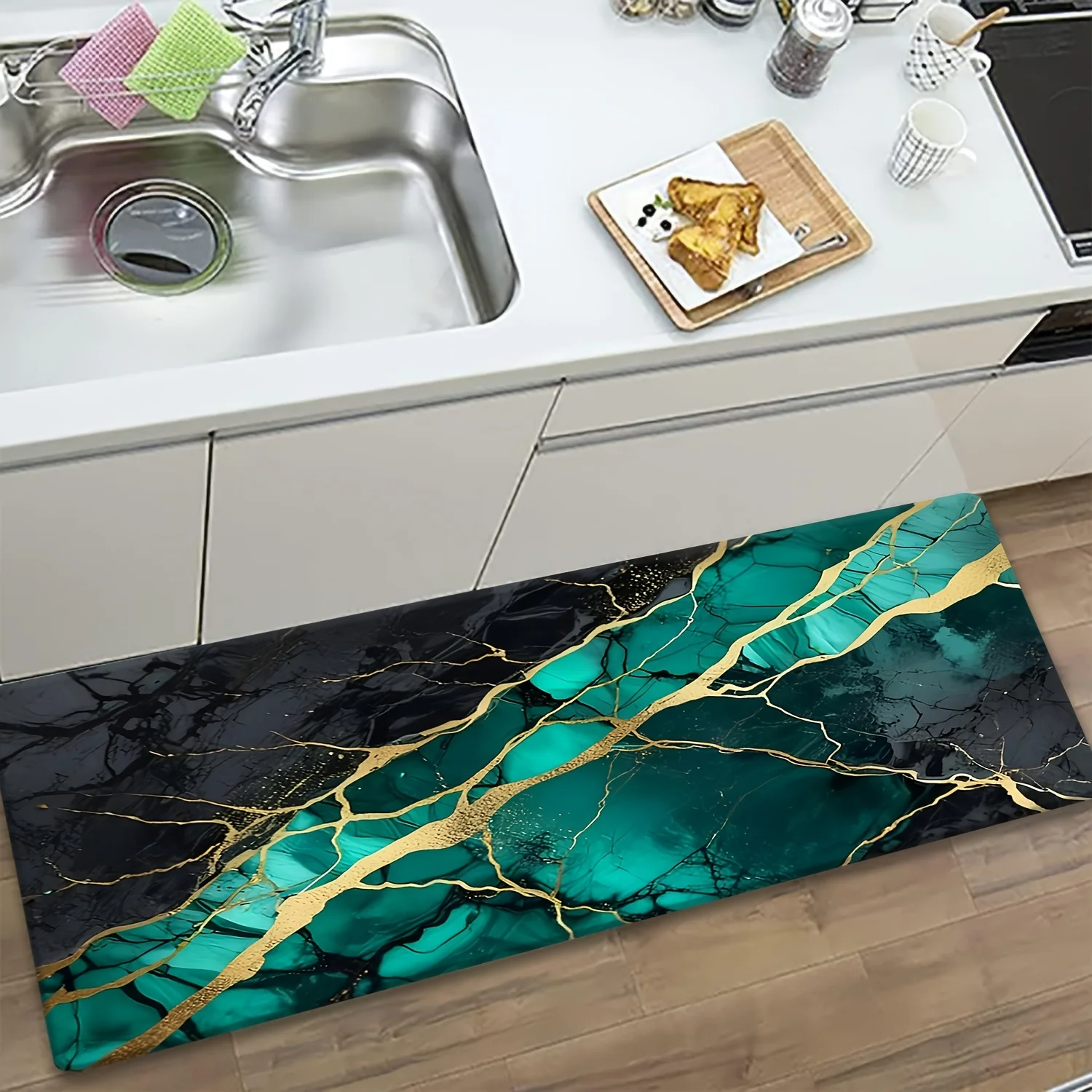 Black Green Gold Vein Marble Laundry Runner Mat Anti Slip Absorbent Rug Luxury Kintsugi Print Carpet for Kitchen Hall Bathroom