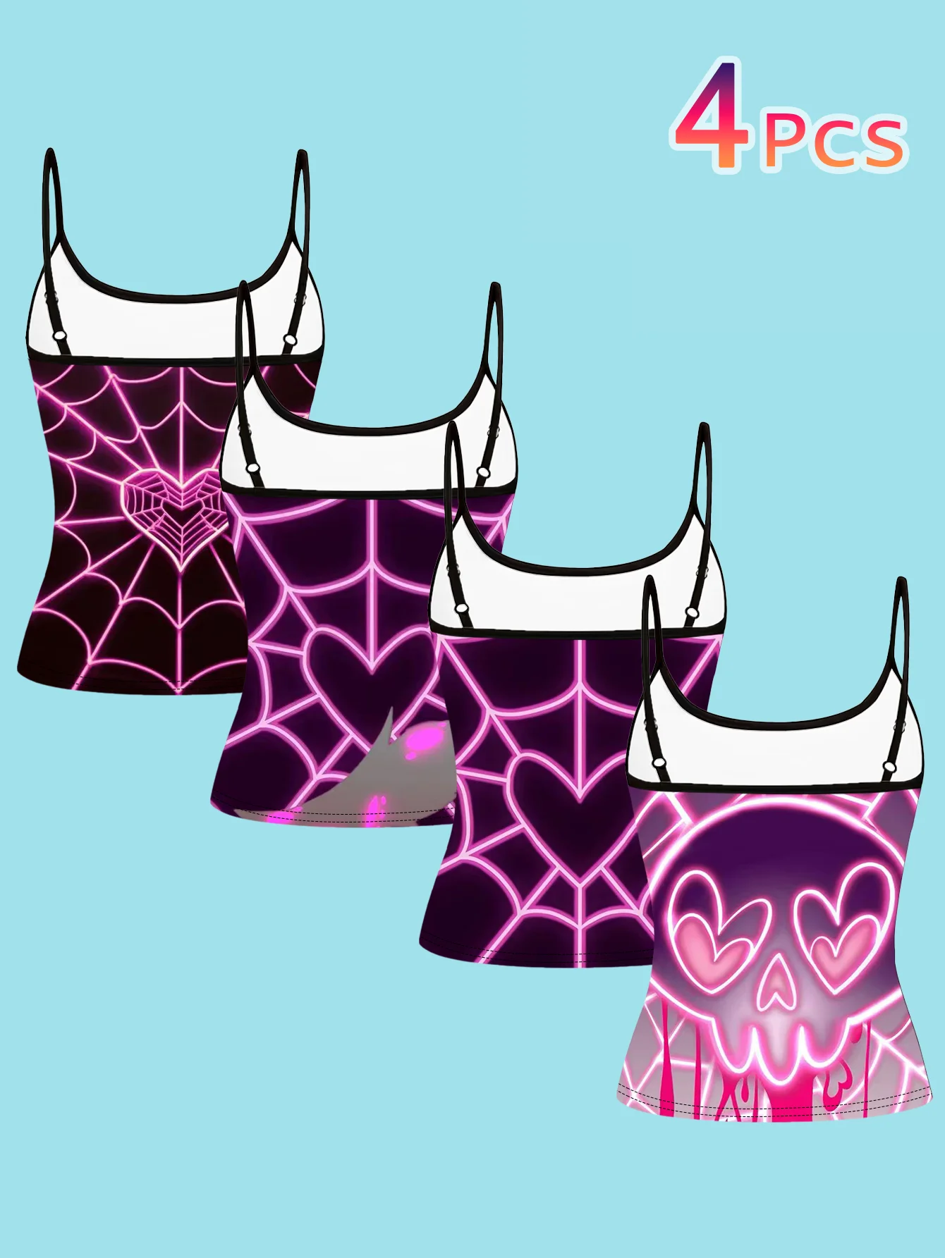 4-Piece Set of Women's Spaghetti Strap Camisoles with Black Base, Neon Pink Spider Web, Heart, and Skull Prints, Sweet and Cool Subculture Style, Slim Fit Sleeveless Tops