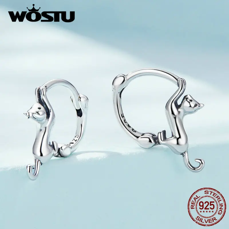 WOSTU 925 Sterling Silver Cute Cat Earrings Oxidation Shining Ear Buckles Hypoallergenic for Wowem Daily Wearing Party Gift