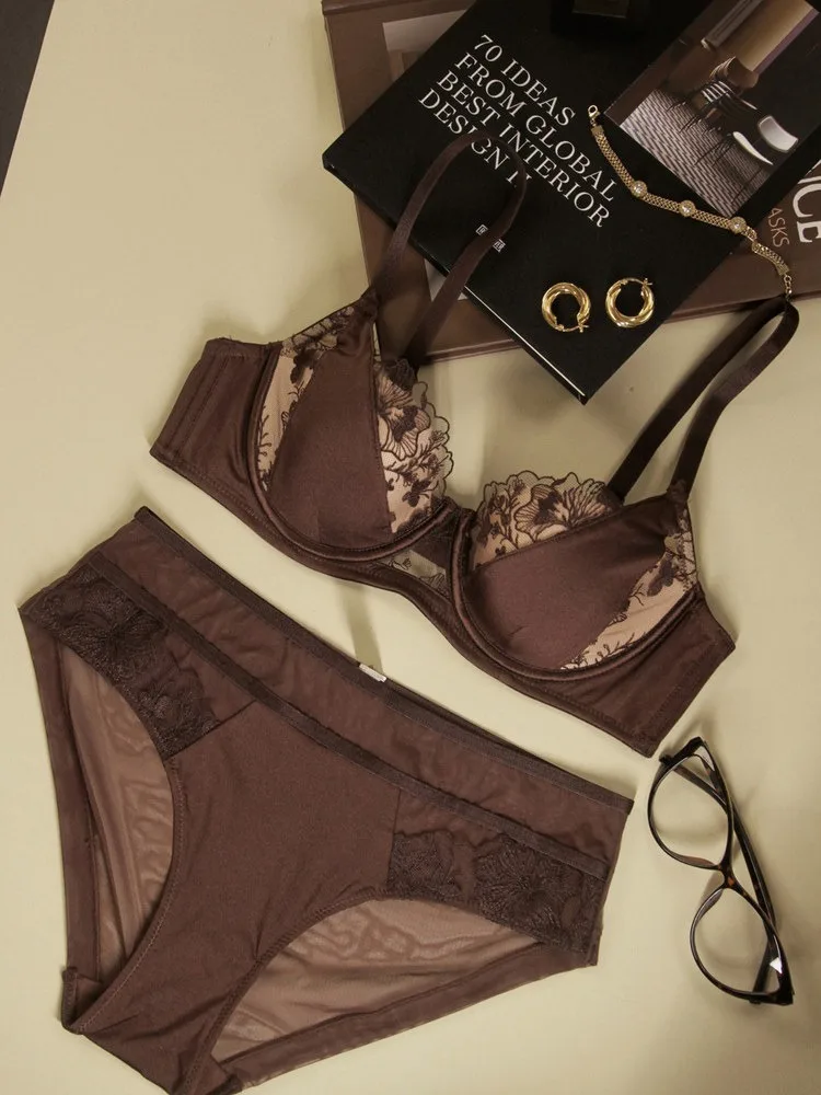 

Комплект тонкого кружевного белья YEMOMO контрастных цветов, бюстгальтер размера D для женщин с большим бюстом, минимизирующий, поддерживающий, предотвращающий провисание, комплект нижнего белья.