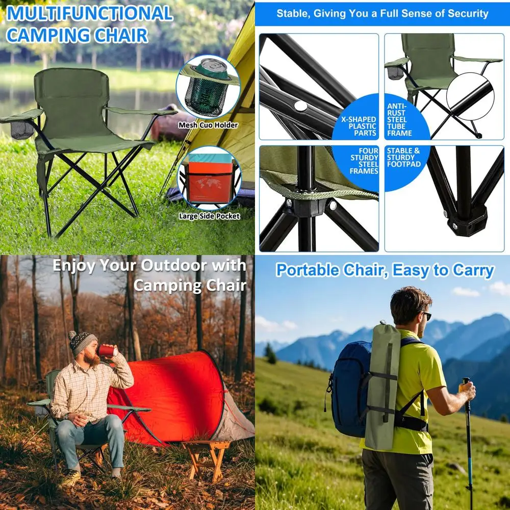 

Портативное складное кресло для кемпинга с грузоподъемностью 225 фунтов, подставкой для стакана, боковым отсеком для хранения, весом 5,5 фунтов, идеально подходит для отдыха на природе и пляжа, зеленое