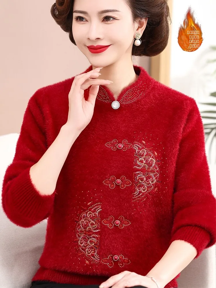 

Модный новый утепленный красный свитер на флисовой подкладке для женщин среднего и старшего возраста, осенне-зимняя коллекция