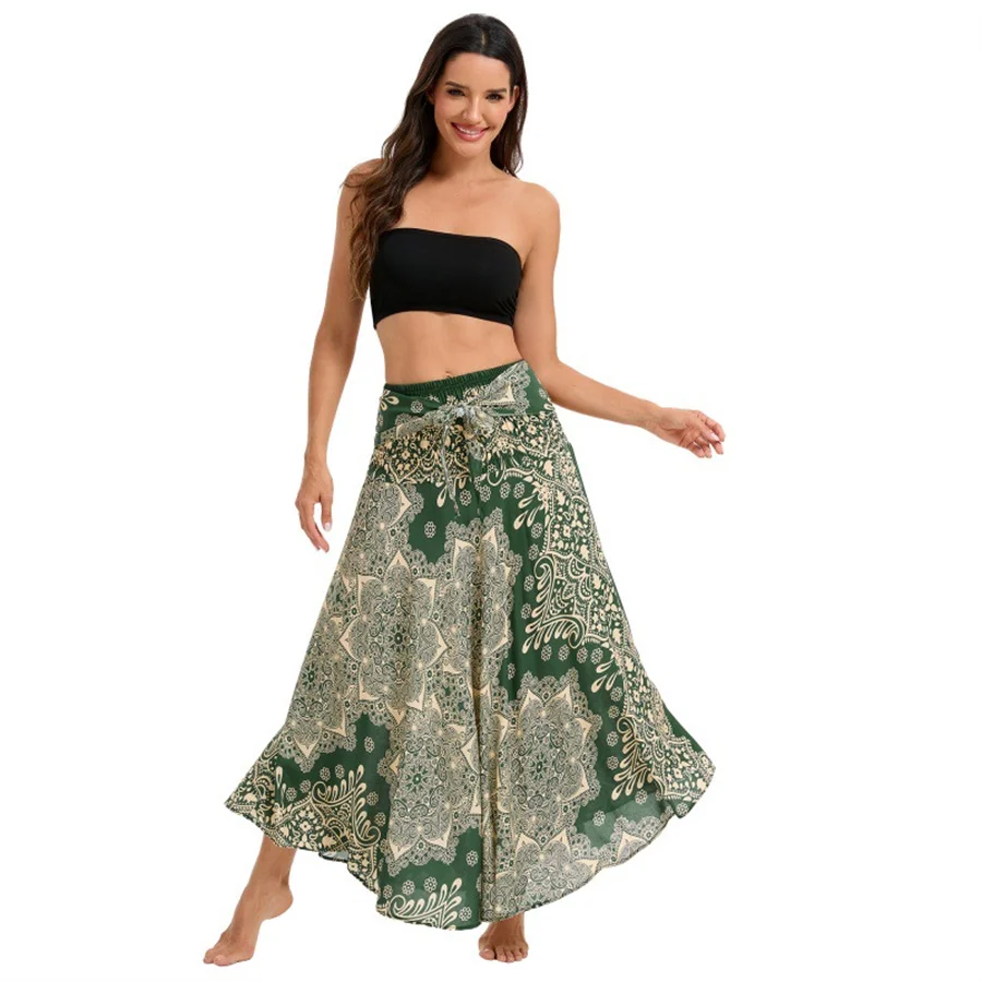Women Boho Dress Rayon Breathable Soft Summer Bohemian Long Skirts Beachwear Vacation Elastic Waist Bandage Halter Hippie Dress