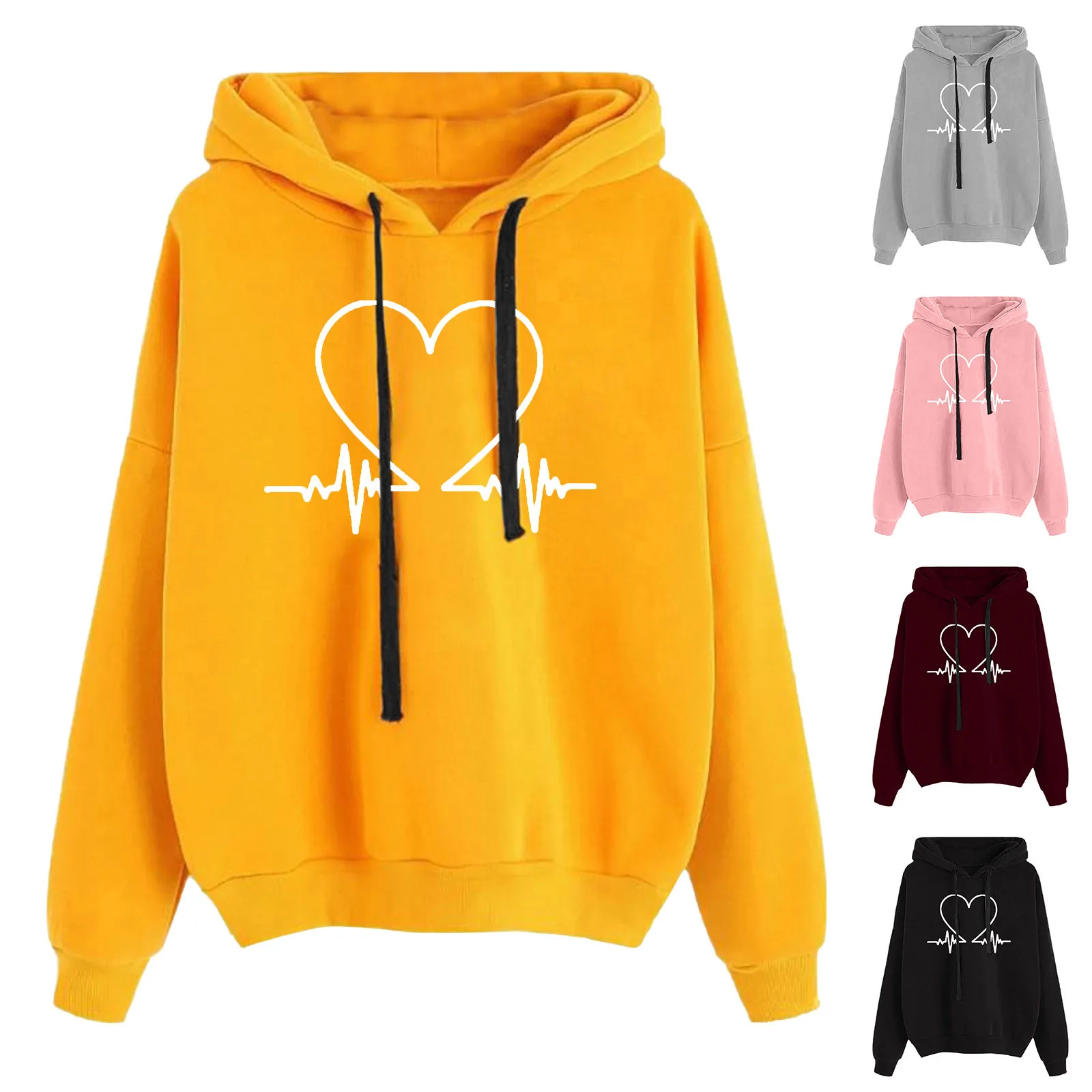 Women's Heart-shaped Printed Hooded Sweatshirts Loose Long Sleeve Drawstring Hoodie Fashionable Casual Pullover Blouses