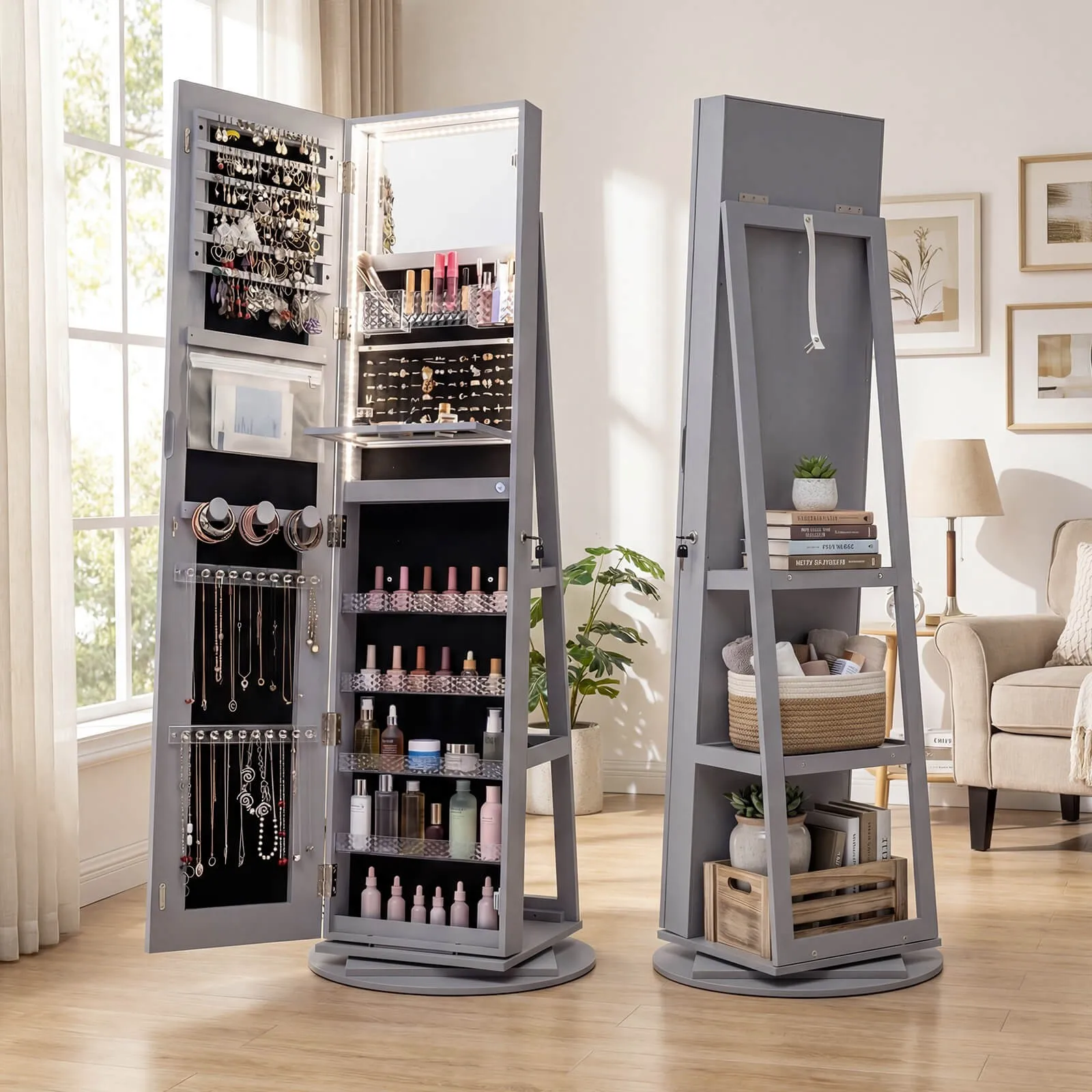 

360° Swivel Jewelry Cabinet w/LED Lights, Makeup Mirror and Full-Length Mirror