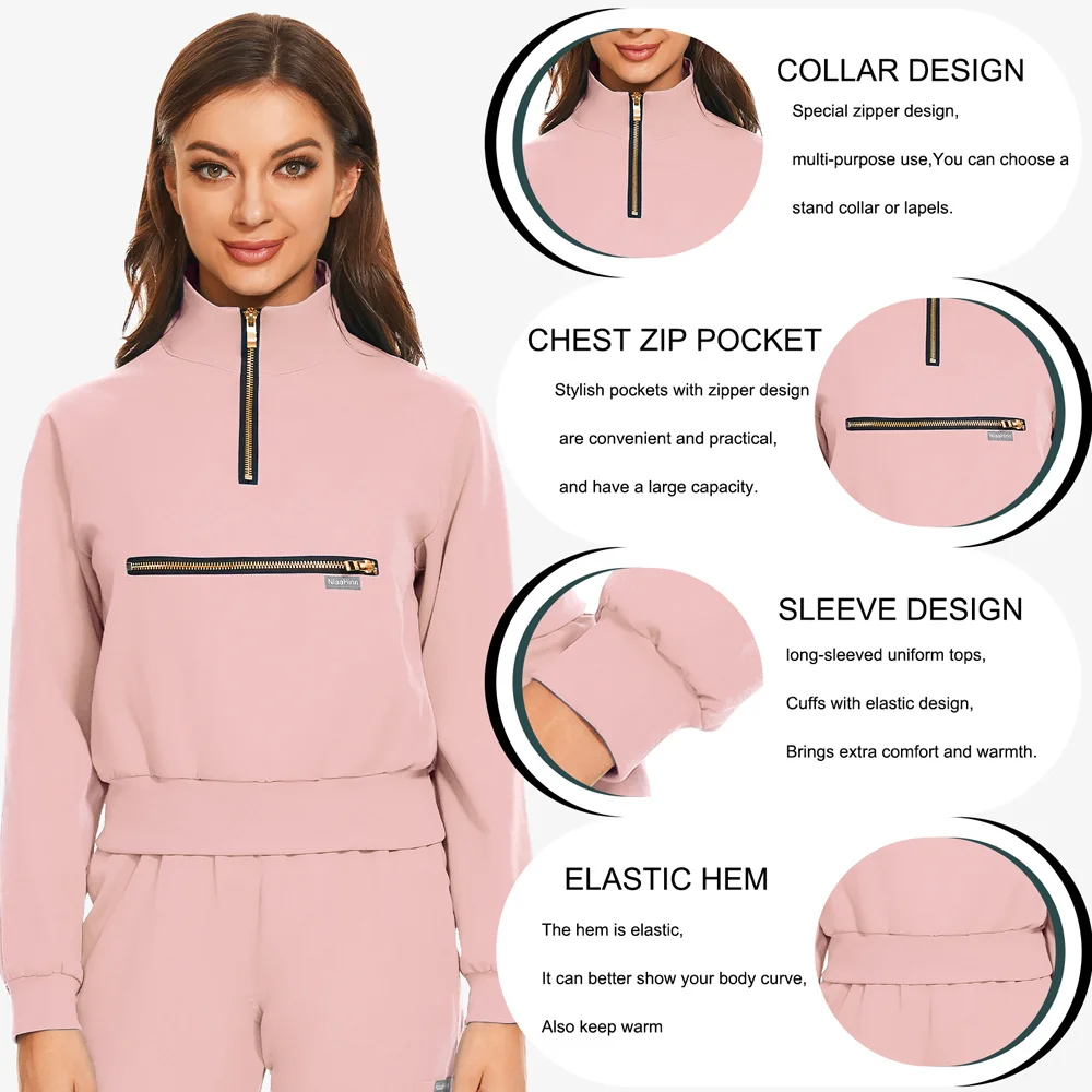 Women's Nursing Scrub Tops Medical Clinical Workwear Clothes Shirt Long Sleeve Stand Collar Zip T-shirt Nurse Uniform Blouse