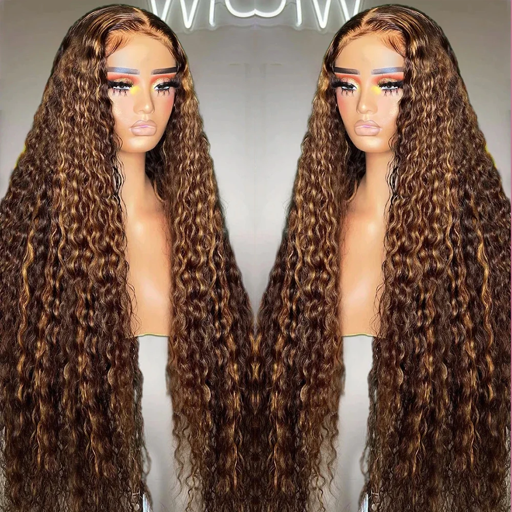 Glueless Highlight Ombre Brown Wig Kinky Curly Colored 4/27 Human Hair Wigs 7x5 13x4 Deep Wave Lace Frontal Wigs Pre Cut No Glue