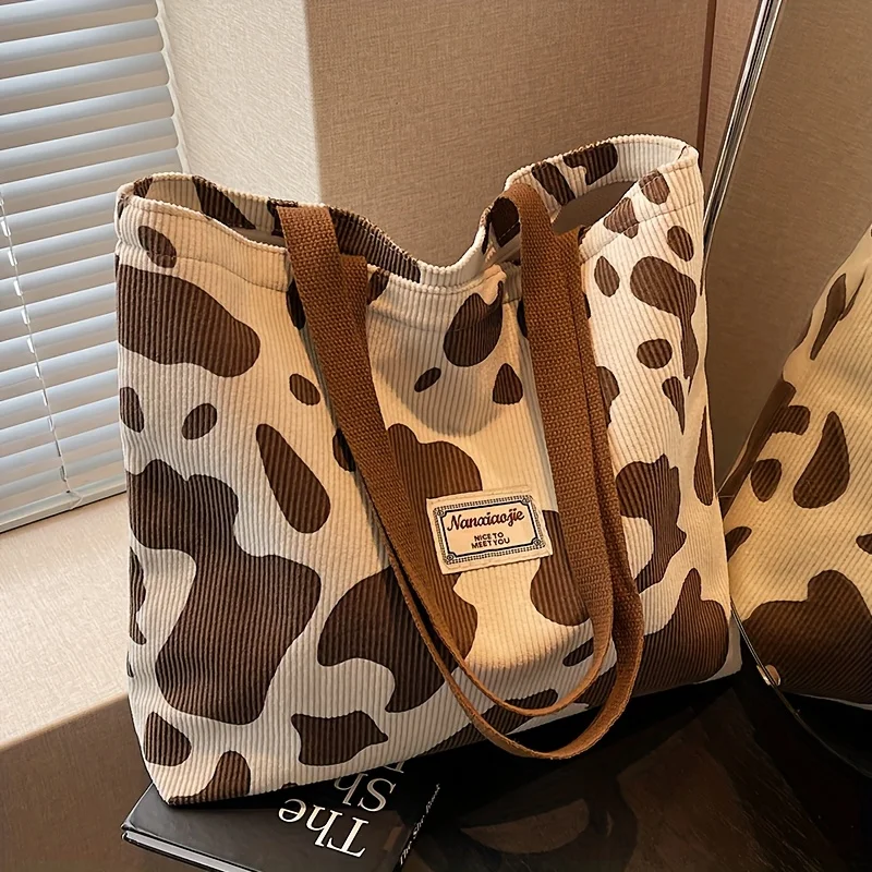 Women Cow Print Corduroy Tote Bag Large Capacity Shoulder Handbag Retro Leopard Pattern Shopping  Casual Daily Bag