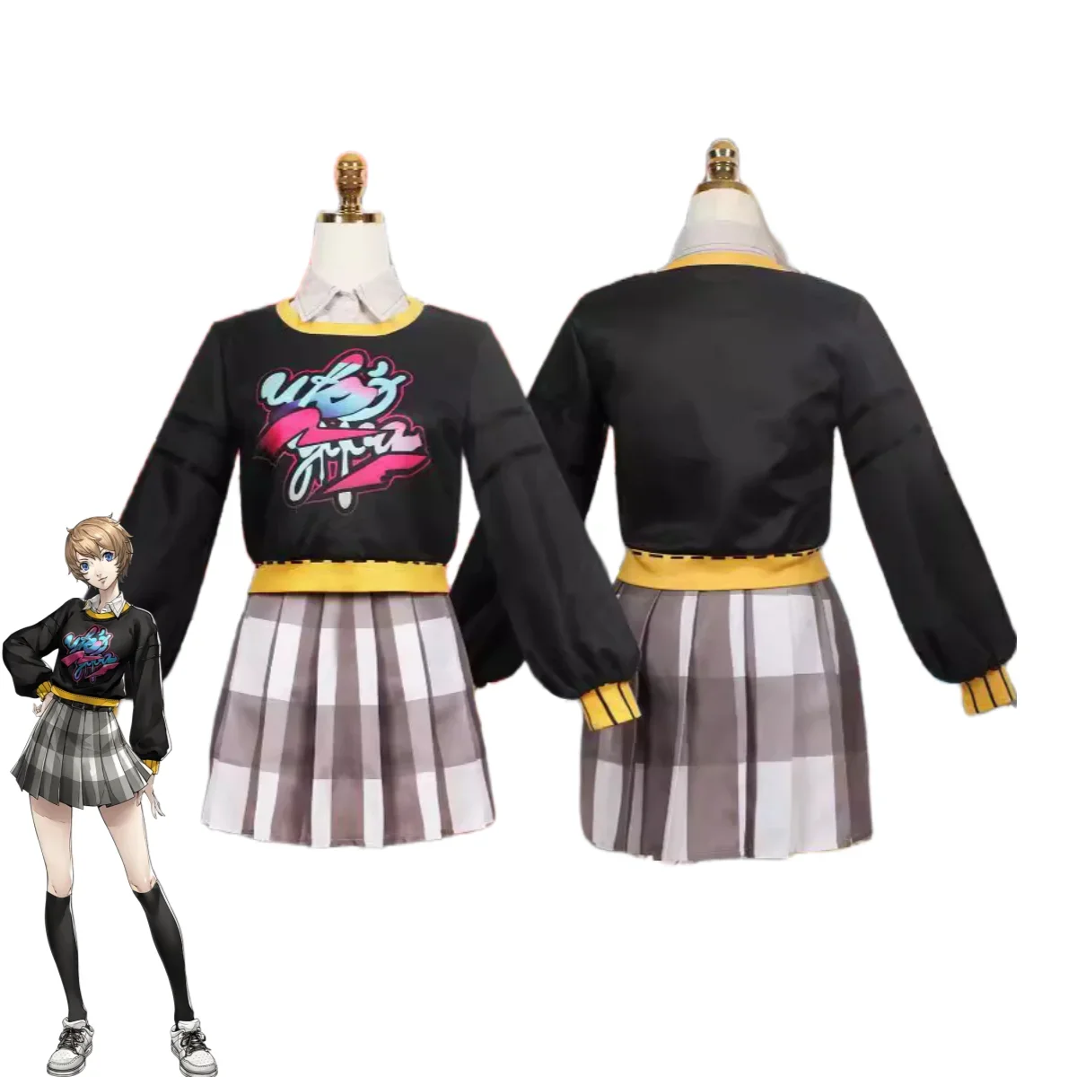 Game Persona 5: The Phantom X Motoha Arai Cosplay Costume Hoodies Plaid Skirt Leisure Time Uniform Wig Woman Sexy Party Suit