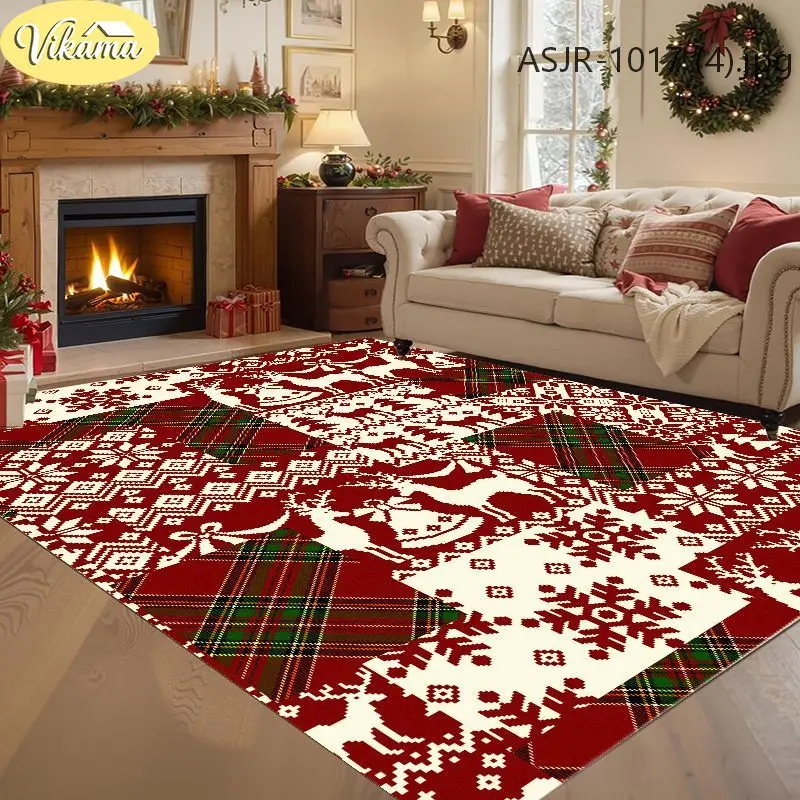 VIKAMA Christmas Large Rug Snowflakes Reindeer Plaid Tree Extra Thick Carpet Rug for Living Room Bedroom Xmas New Year Decor