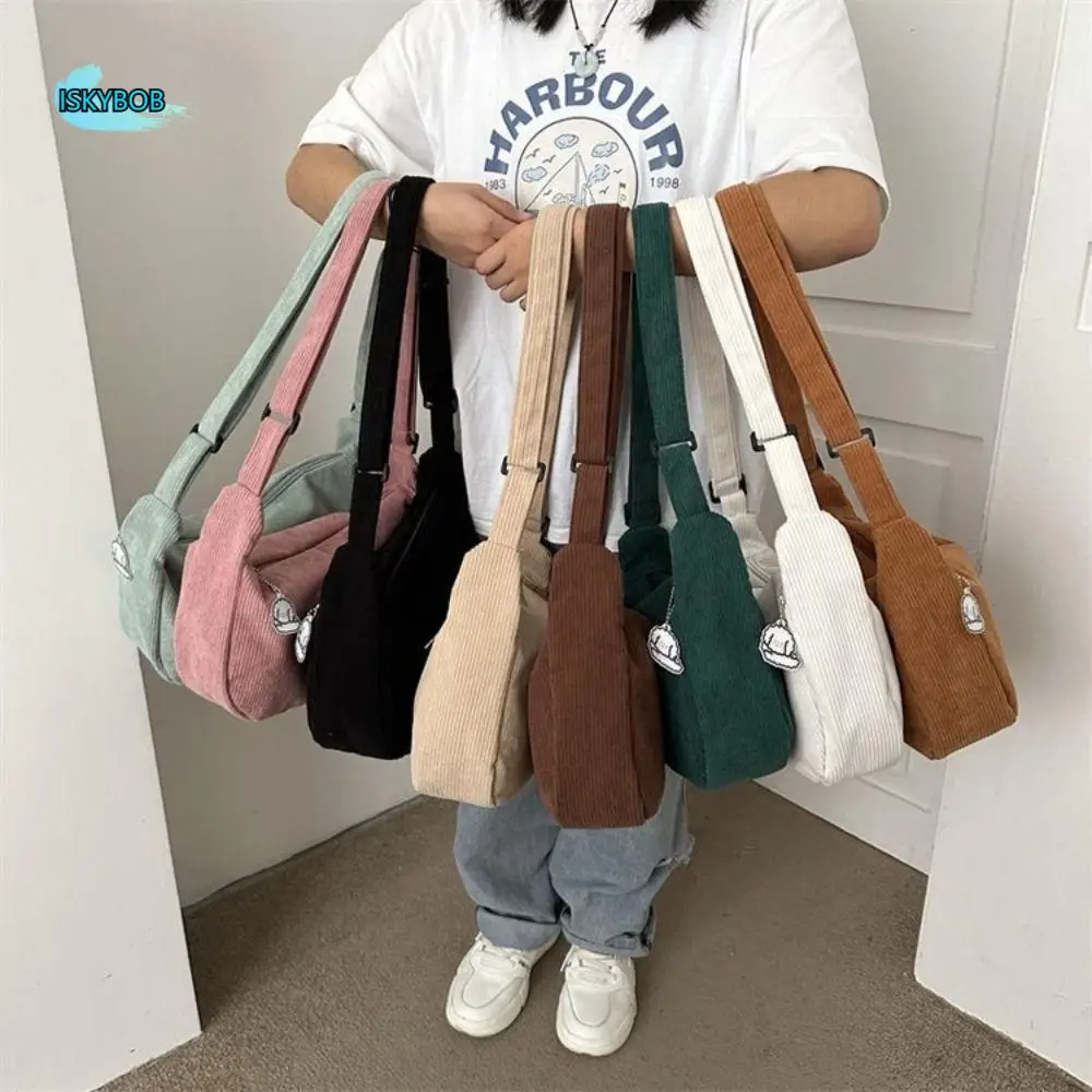 

Large Capacity Corduroy Shoulder Bag Cotton Cloth Handbag Solid Color Shoulder Bag Tote Bag Korean Style Handbag with Pendant