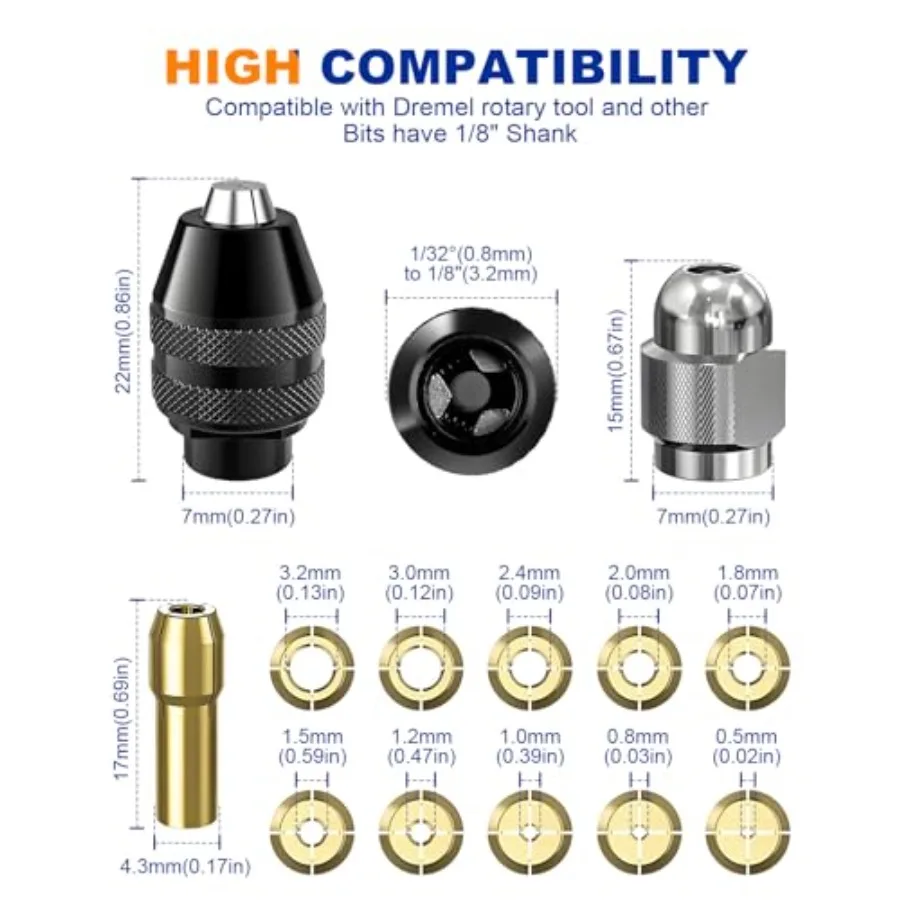 15Pcs Chuck Collet Set for Dremel Tool Accessories, 1/32" 0.8mm to 1/8" (3.2mm) Shank Replacement 4486 Rotary Tool Keyless Quic view 2