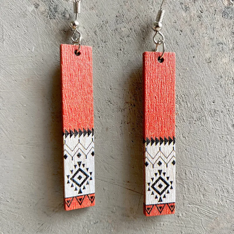 Simple Wooden Jewelry Aztec Print Pattern Earrings European Popular Rectangular Wooden Earrings