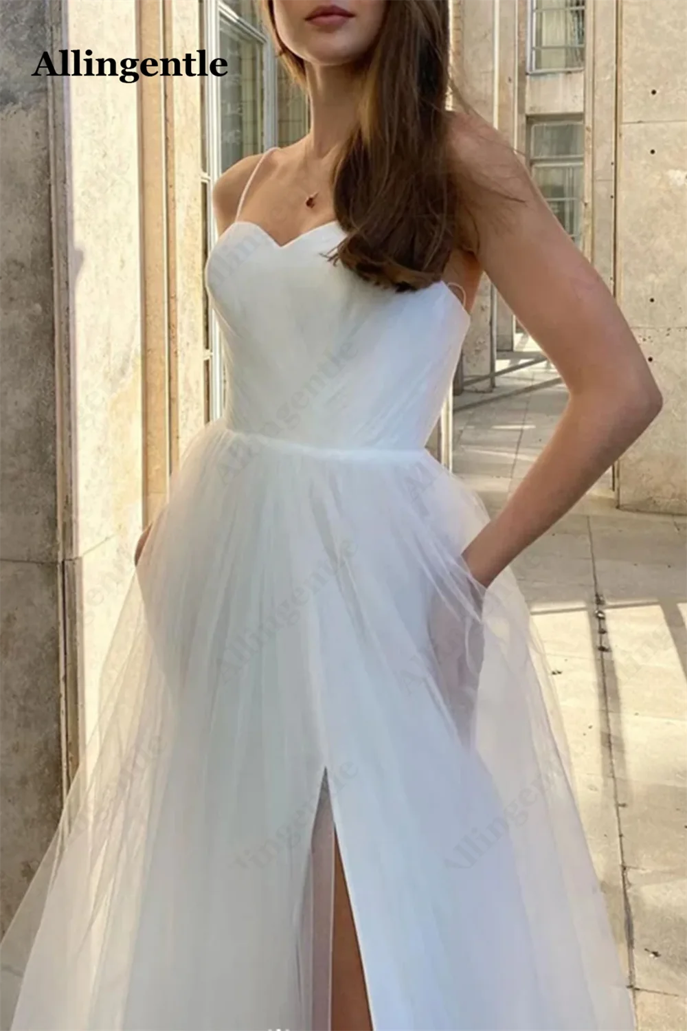 Allingentle Sweetheart Neck White Tulle Long Prom Dress for Party with High Slit Formal Evening Gowns A-Line плаття на випускний