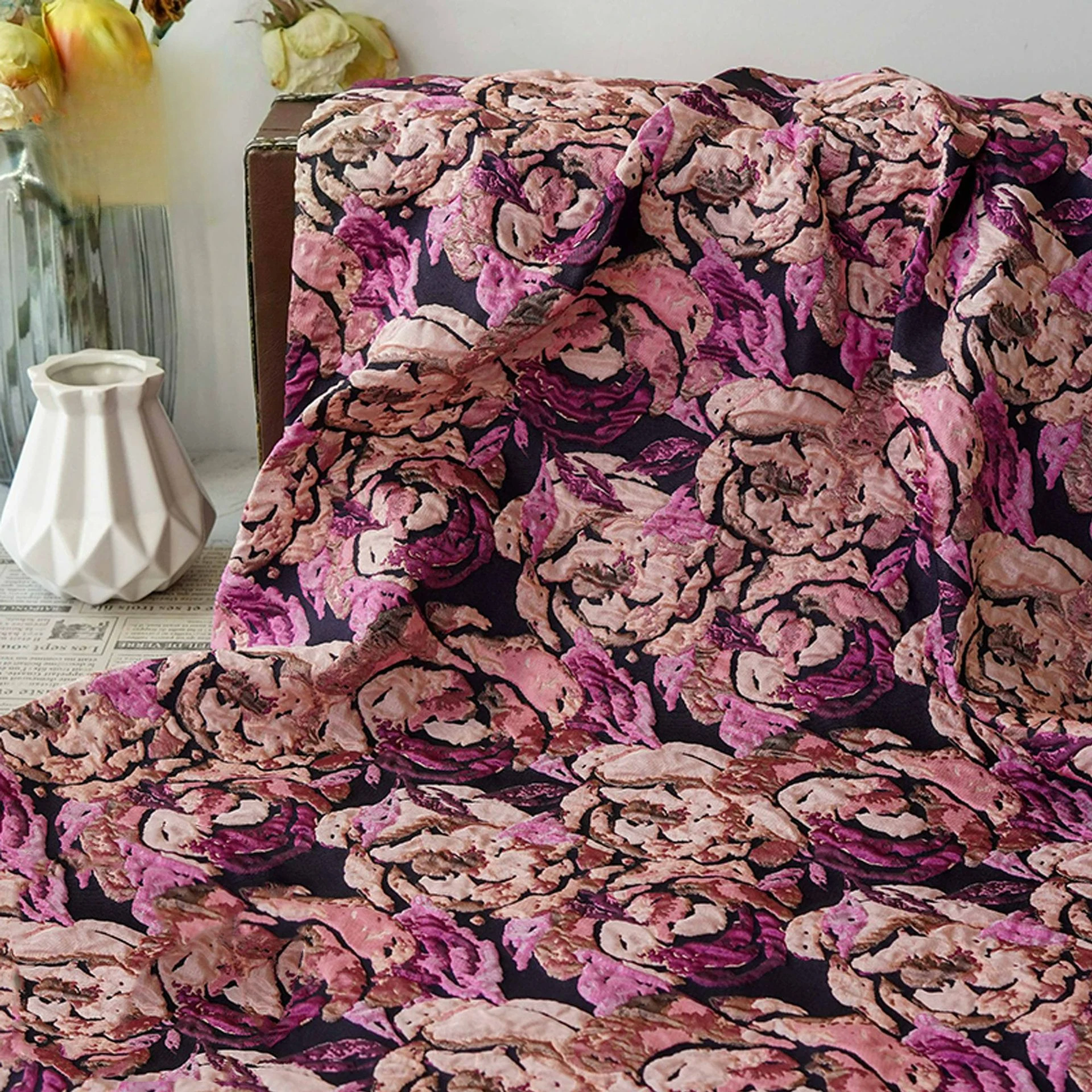 

Abstract Style Embossed Pink Purple Floral Yarn Dyed Jacquard Fabric Elegant Dress Gown Coat Decorative Sewing Fabric