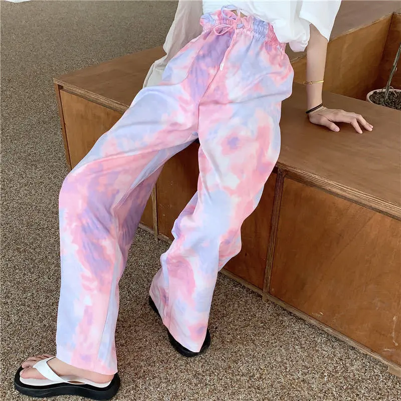 

Women 2022 Autumn Female New Loose Thin Solid Trousers Fashion Casual Streetwears Korean Natural Waist Tie-dye Wide-leg Pants