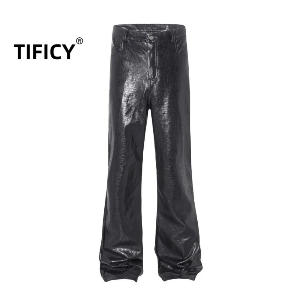 

High Street Pants Men's Dark Snake Patterned Leather Pants Wide Leg Floor Streetwear Fashion Length Pants Punk Style