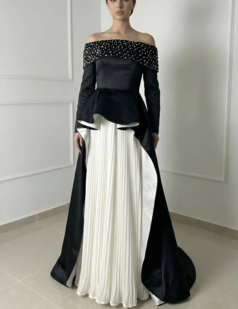 

Customized Luxury Modest Pearl Rhinestone Draped A-line Off-the-shoulder Evening Dresses for Woman Sizes Available Matching