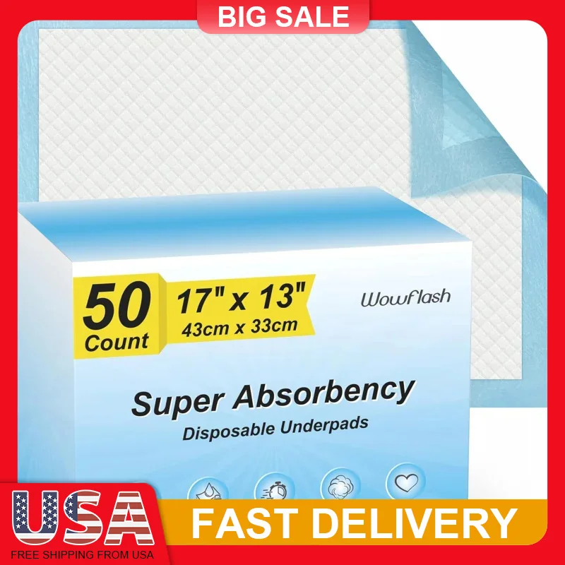 

50PCS Disposable Underpads Super Absorbent Leak Proof 17x13in Quick Dry Changing Pads for Baby Adults Pets Diaper Mat Waterproof