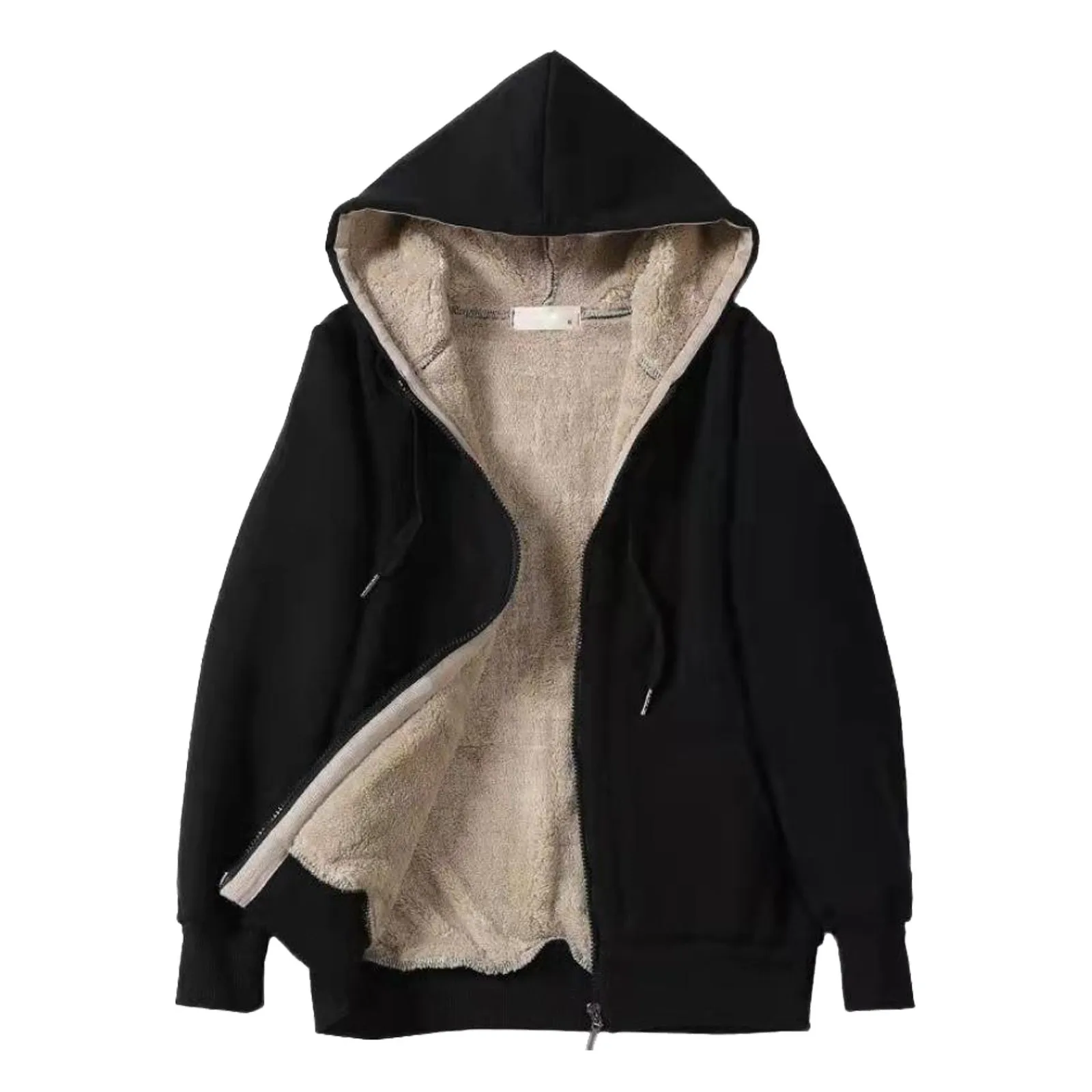 Women\'s Fashion Long Sleeve Zipper Hooded Plush Composite Coat With Drawstring Solid Color Plush Soft Comfortable Overcoat