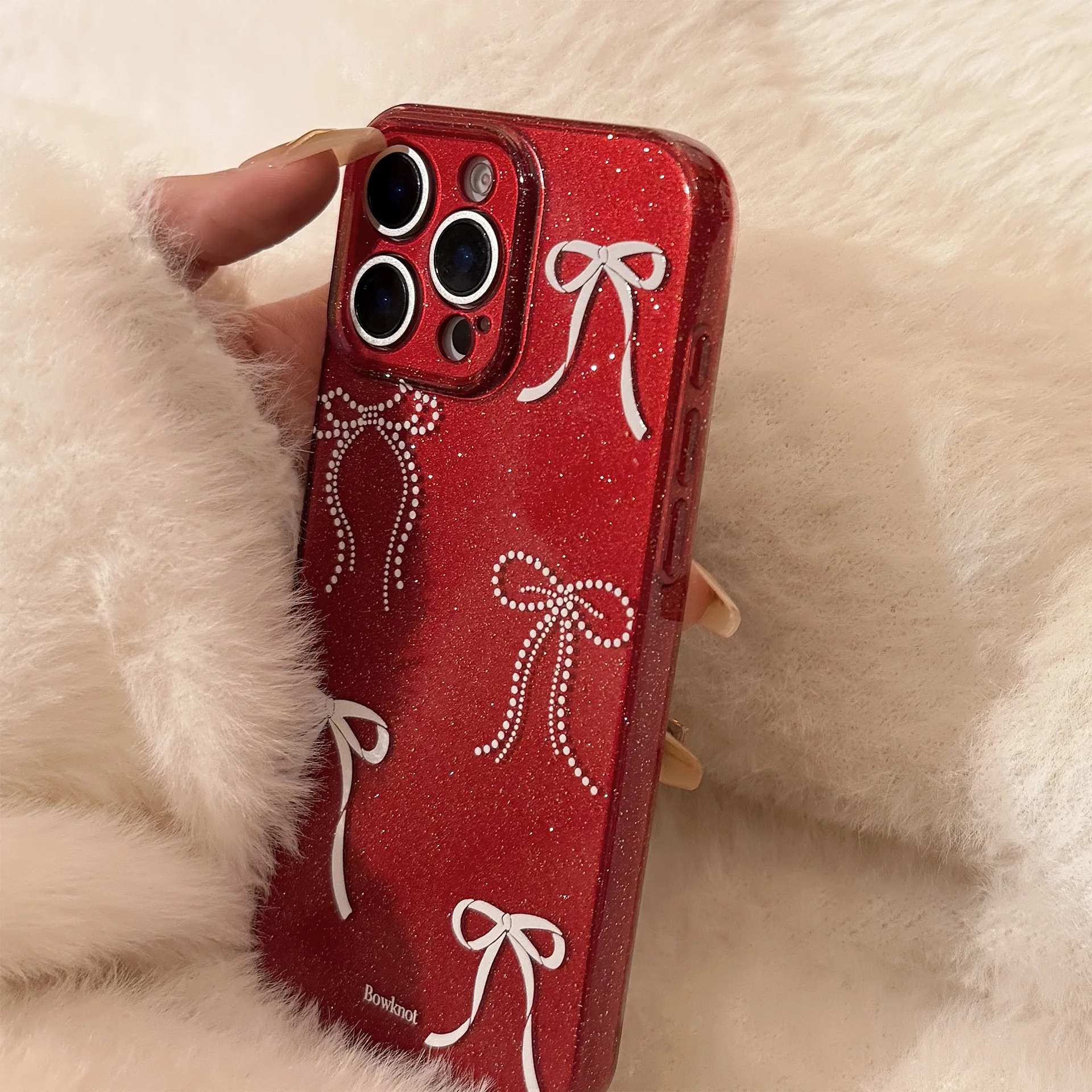 진주 리본 활 타이 반짝이 아트 버건디 전화 케이스, 아이폰 16, 15, 14, 13 프로 맥스 케이스, 귀여운 럭셔리 만화 충격 방지 커버