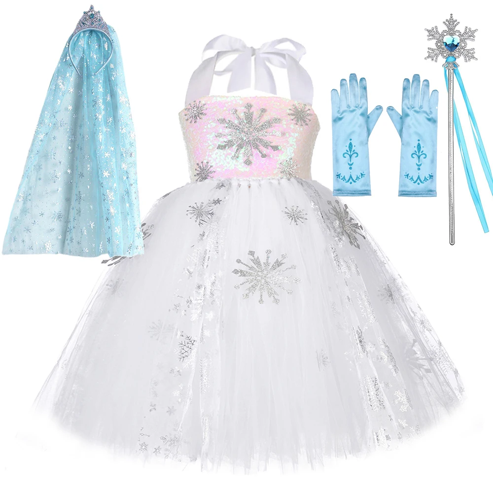 

White Sequins Elsa Costumes for Girls Sparkly Snow Queen Princess Dresses for Kids Christmas Holiday Outfit with Crown Cloak