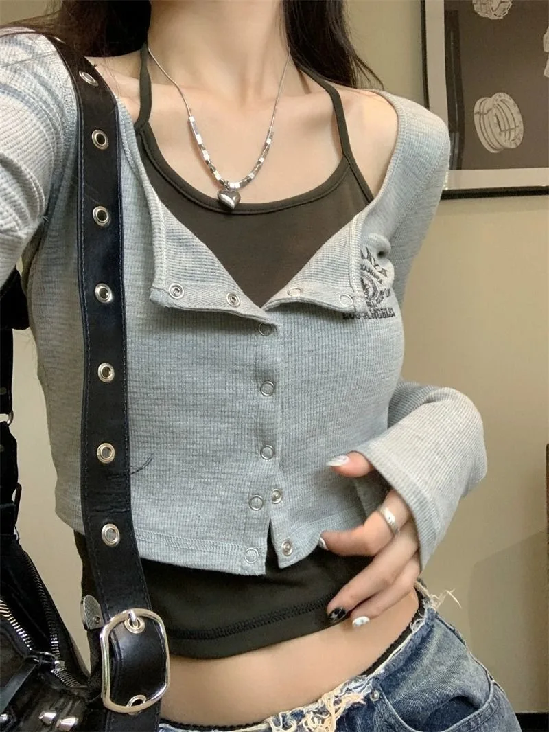 Damen Koreanischer Ins-Stil Reines Y2K Hot Girl Neckholder Langarm-T-Shirt Frühling Herbst Neues Slim-Fit Schulter-Fake-Zweiteiler-Oberteil – Detail 5