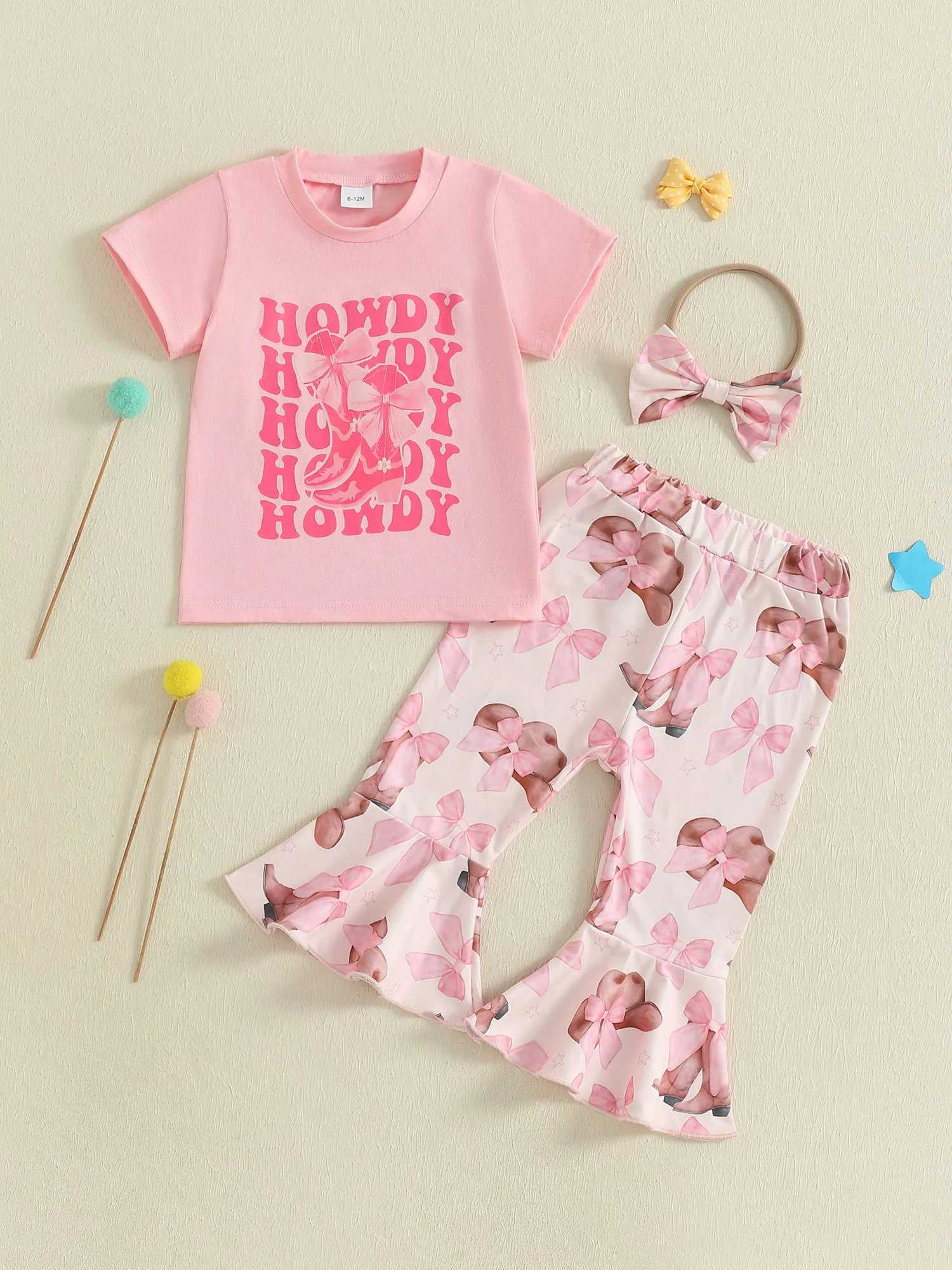 Очаровательный топ и брюки с рюшами на рукавах и цветочным принтом для маленьких девочек с подходящей повязкой на голову, летний комплект из трех предметов