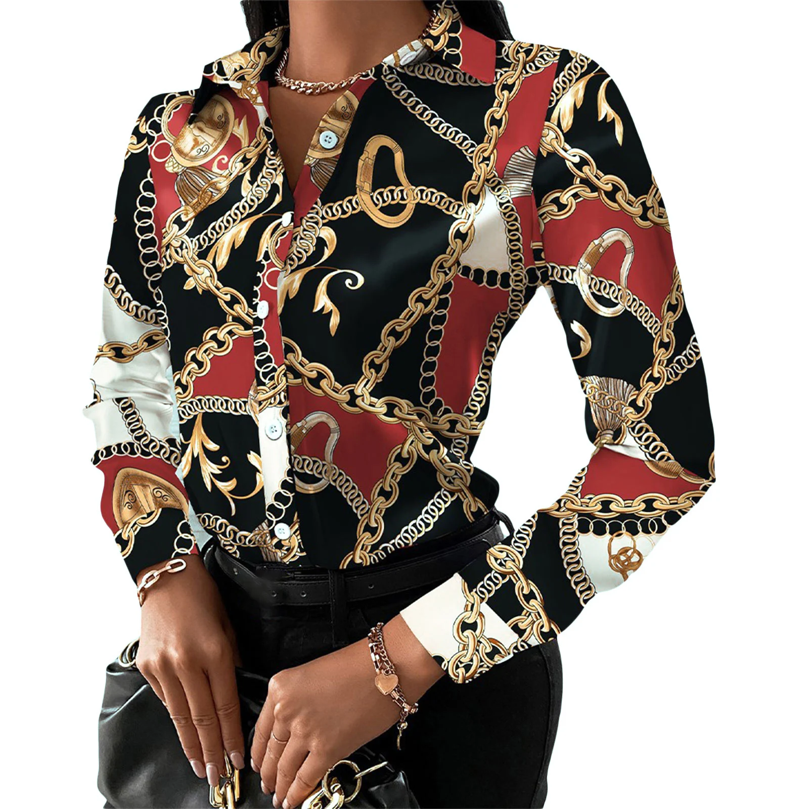 Women Fashion Wild Shirts Chain/Floral/Letter/Geometric Square Print Turn-Down Collar Long Sleeve Blouses Streetwear