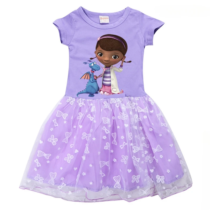 Disney Doc McStuffins Summer Girls Dresses Kids Cotton T-shirt with Lace Gauze Mesh Dress Children Clothing Birthday Party Gift