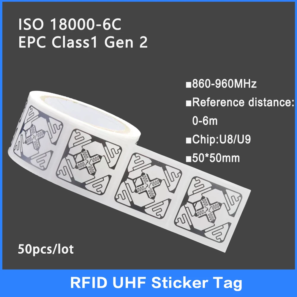 50PCS UHF RFID Wet Inlay Tag 18000-6C 860-960MHz Etiqueta RFID UHF Etiqueta NXP U8/U9 Chip Etiqueta Eletrônica 915 MHz Alta Qualidade