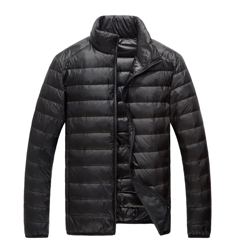 Schinteon Men Ultralight White Duck Down Jacket Thin Stand Collar Solid Color Simple Autumn Outwear