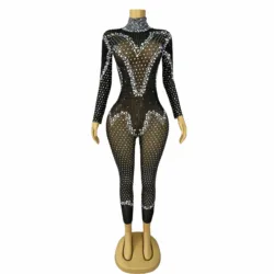 High Quality Sparkly Rhinestones Perform Costume Long Sleeves Mesh Jumpsuits Singer Party Show Outfit Club vestido Bandiangou