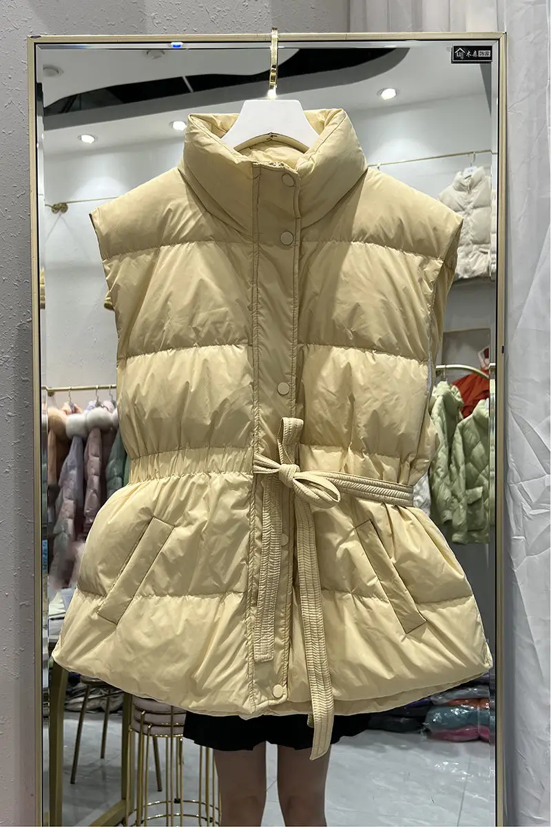 2022 nova jaqueta feminina curta para baixo coreano gola fina fina pato branco para baixo colete de inverno sem mangas outwear h2341