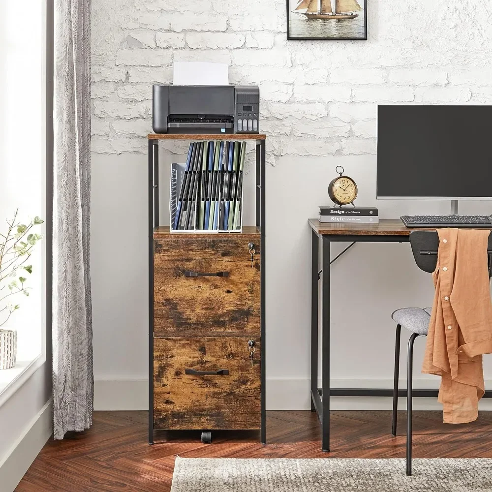 File Cabinet, Filing Cabinet for Home Office, with Lock and 2 Drawers, A4 and Letter Sized Files, Printer Stand, Rustic Brown