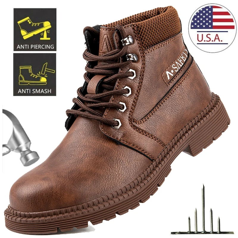 Men's Waterproof Steel Toe Work Boots High-Top Safety Shoes Slip Resistant Protective Boots Indestructible Comfort Arch Support