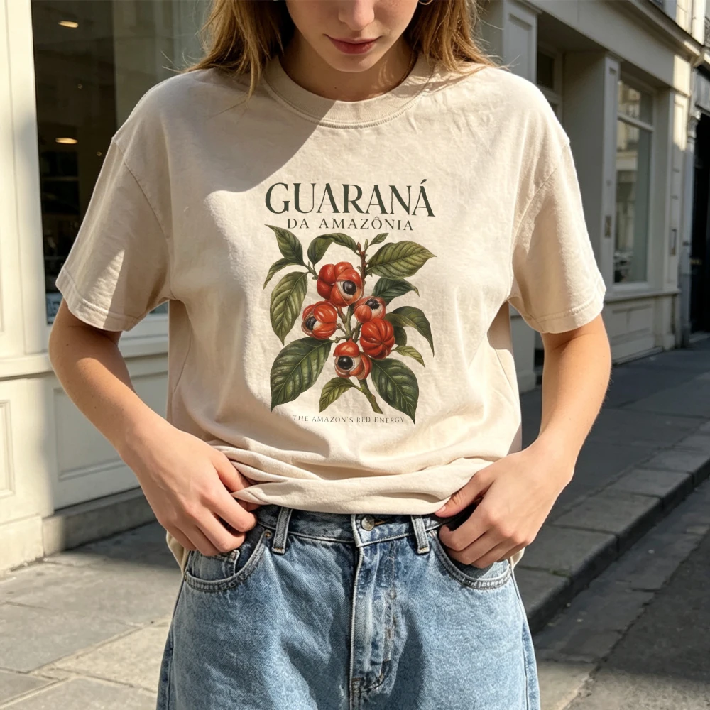 Guarana Print T-Shirt Women Organic Brazil Botanical Graphic Tee Plant Botanical Pattern Casual Short Sleeve Top Women Clothing