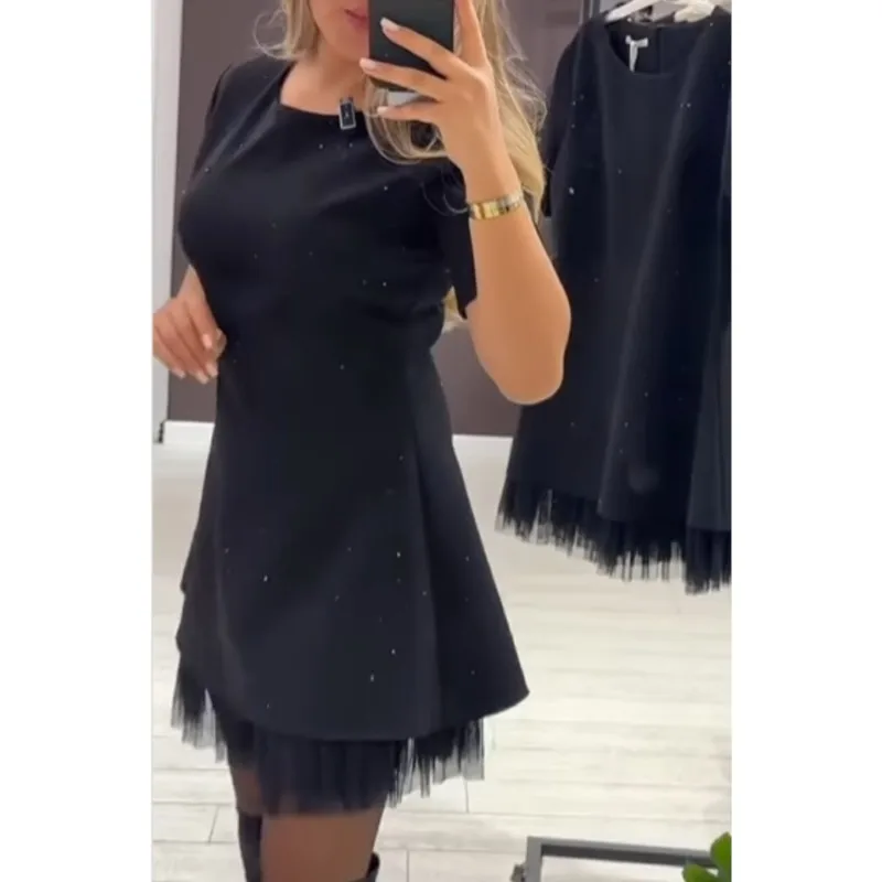 Mini robe élégante en diamant pour femmes, manches courtes, col rond, fil de maille épissé, jupe trapèze en dentelle, robes de soirée de vacances