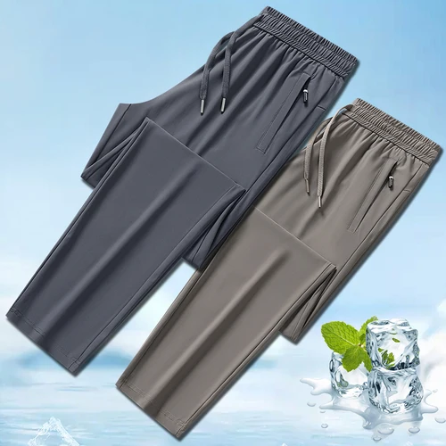 Pantalones de seda de hielo para hombre, pantalón informal de negocios de estilo fino, negro y gris, elásticos, transpirables, pierna recta, verano 2024