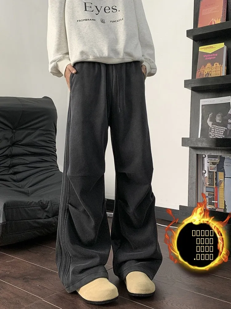 

Мужские зимние утепленные повседневные брюки на флисовой подкладке с плиссировкой в американском стиле High Street, длинные брюки, молодежный модный бренд