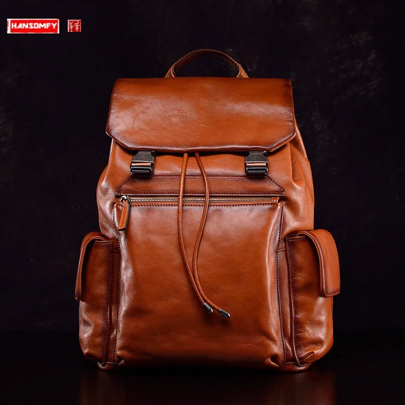 Genuine Leather Men's Backpack Laptop Bag Trendy Large Capacity Outdoor Travel Backpacks All-Matching Schoolbag 2024 New