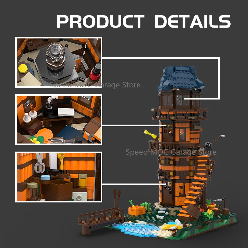 Rustic Old Lighthouse Scene MOC Blocks,Coastal Tower with Outdoor Stairs Plant and Mushroom Landscape,Country Architectural