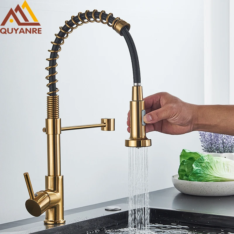 Pull Down Spray Kitchen Faucet Brushed Nickel - Geborsteld gouden keukenkraan met uittrekbare spuitfunctie,